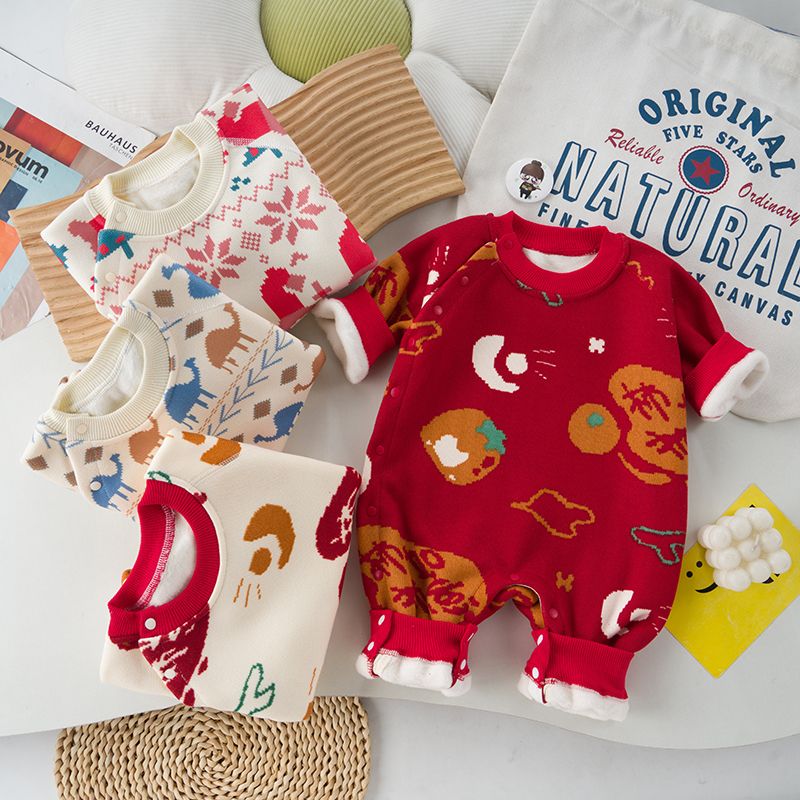 婴儿加绒连体衣针织毛衣保暖居家洋气哈衣新生儿可爱防寒爬爬服