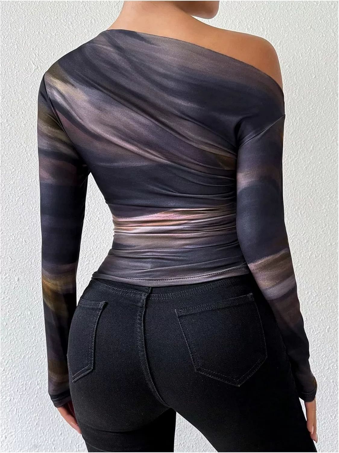 2025 Spring New Fashion Tie-Dye Print Asymmetric Ruffle Long Sleeve T-Shirt_ecoleips.com