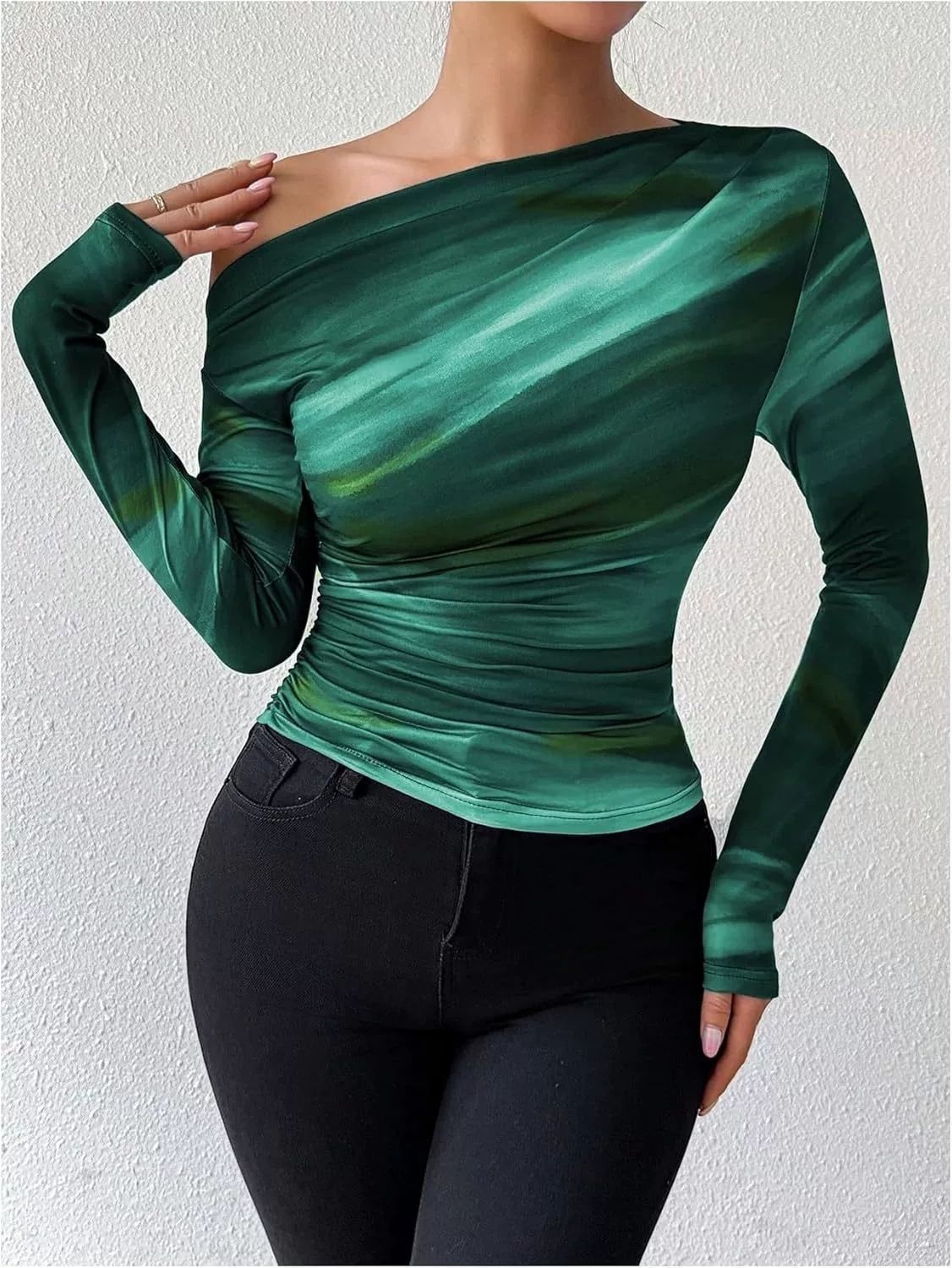 2025 Spring New Fashion Tie-Dye Print Asymmetric Ruffle Long Sleeve T-Shirt_ecoleips.com