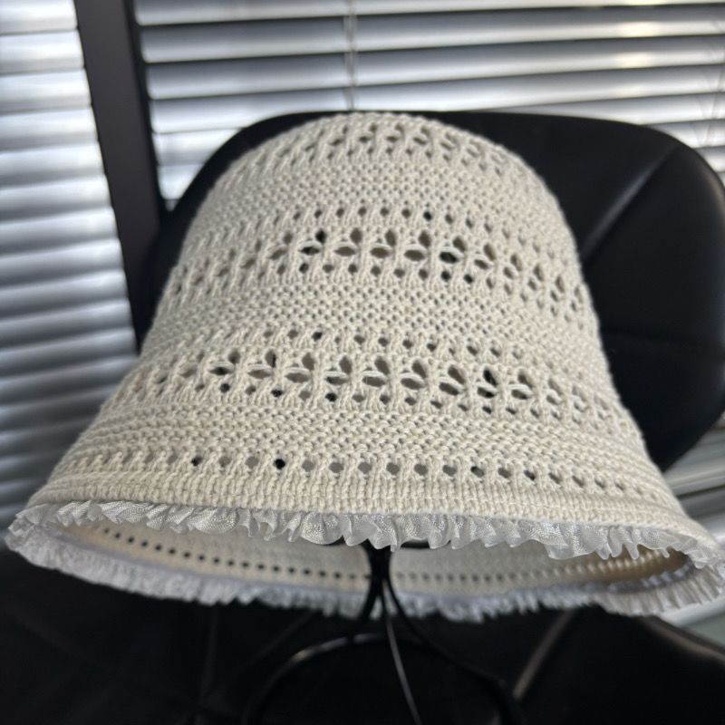 Hut Beckenhut Sommer dünn atmungsaktiv hohl Eimer Hut gestrickt Sonnenschutz 2025 Spitze Rand Hut_voghion.com