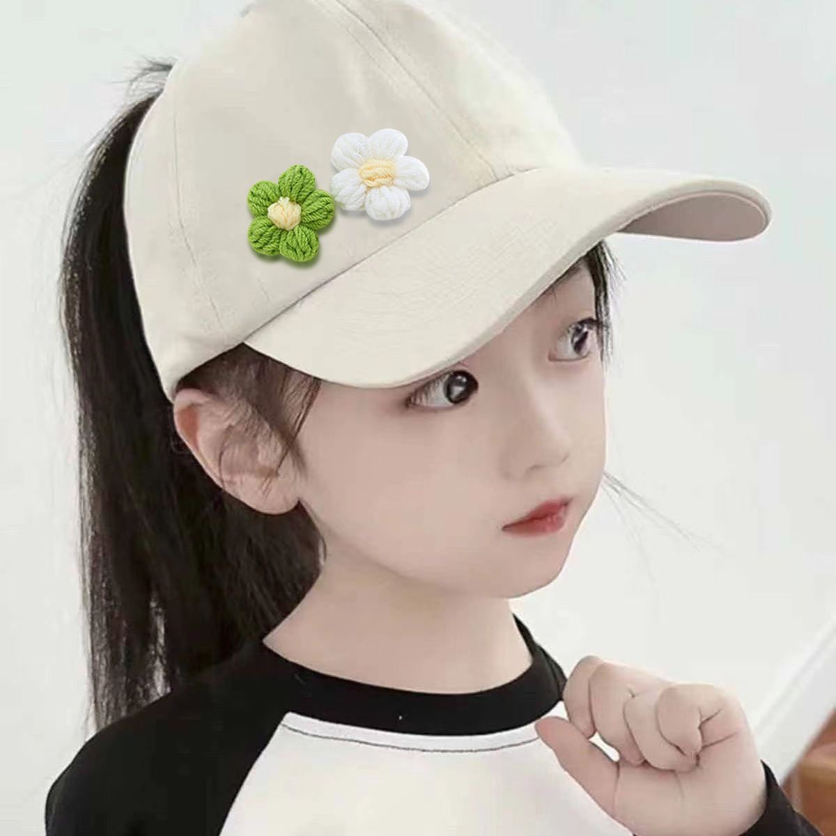 儿童春游花朵马尾女童遮阳帽棒球帽春夏新款卡通防晒空顶鸭舌帽