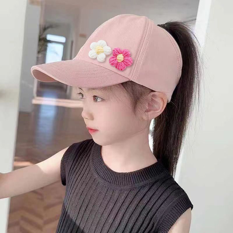儿童春游花朵马尾女童遮阳帽棒球帽春夏新款卡通防晒空顶鸭舌帽
