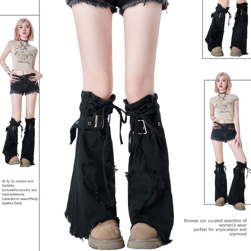 Y2k Black Denim Leg Warmers With Cross Design And Drawstring_voghion.com