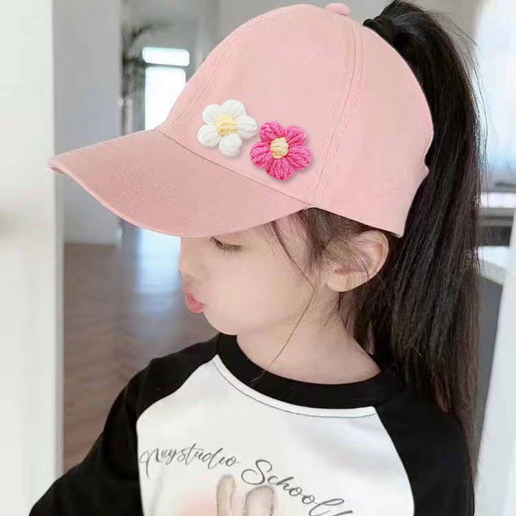 儿童春游花朵马尾女童遮阳帽棒球帽春夏新款卡通防晒空顶鸭舌帽