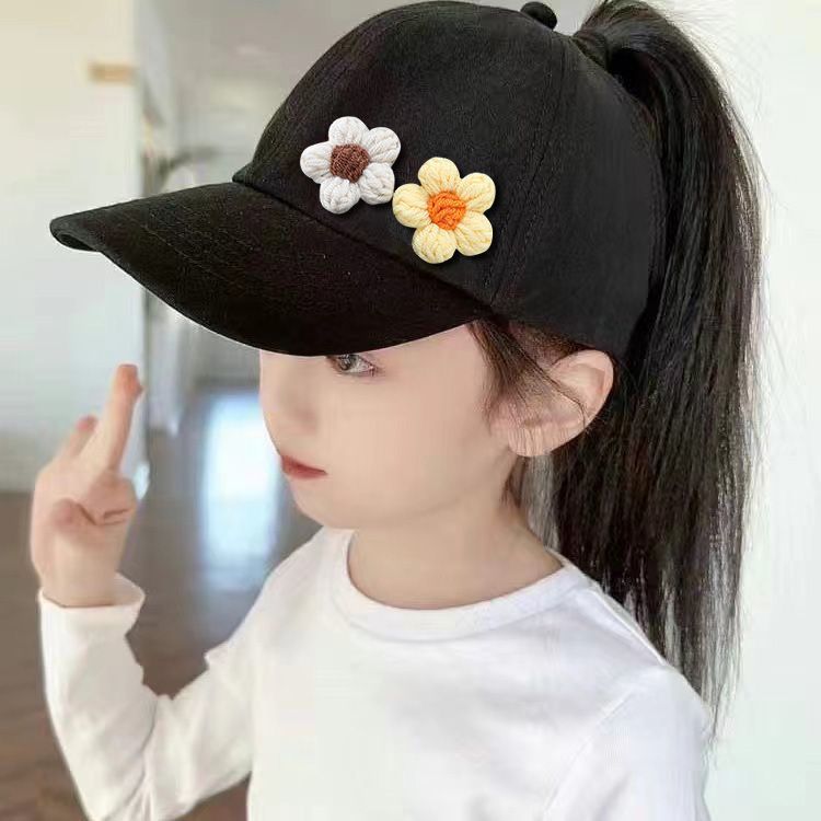 儿童春游花朵马尾女童遮阳帽棒球帽春夏新款卡通防晒空顶鸭舌帽