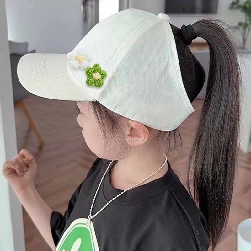 儿童春游花朵马尾女童遮阳帽棒球帽春夏新款卡通防晒空顶鸭舌帽