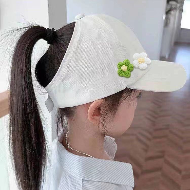 儿童春游花朵马尾女童遮阳帽棒球帽春夏新款卡通防晒空顶鸭舌帽