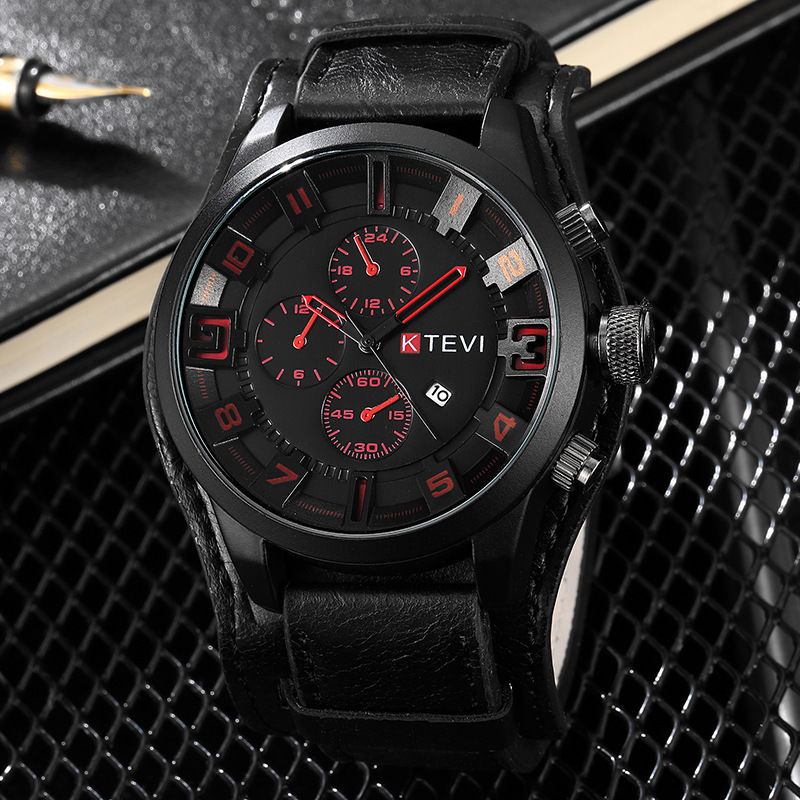 Men's Large Dial Punk Style Watch, Korean Version Trendy Casual Sports Calendar Leather Strap Quartz Wristwatch For Male_voghion.com