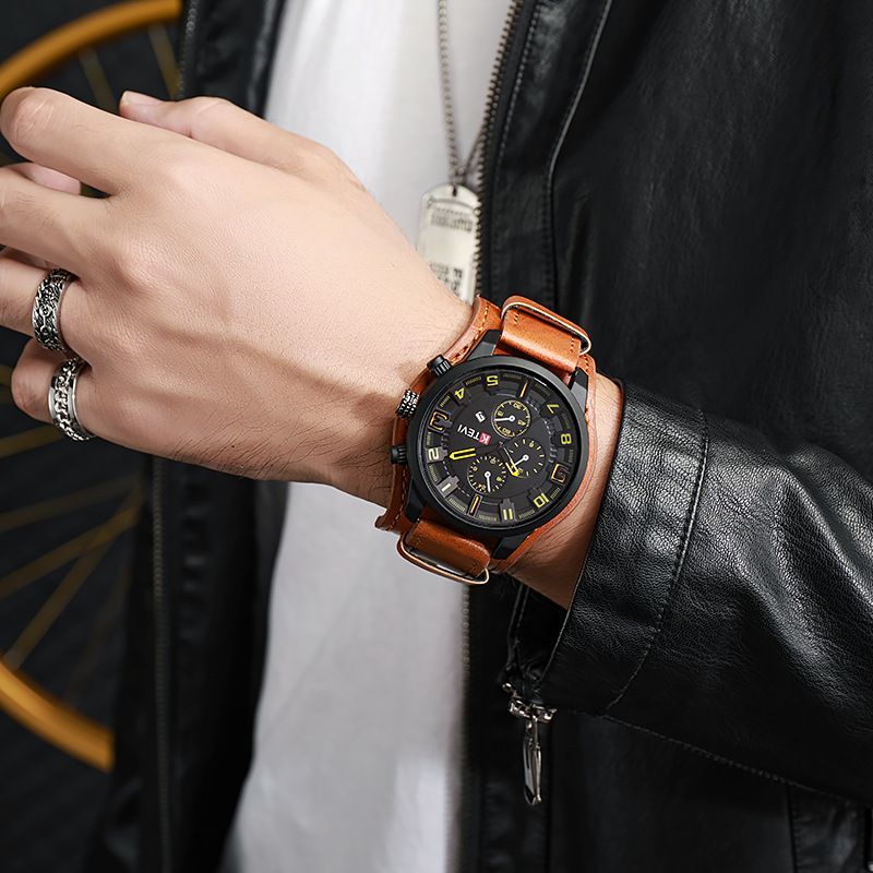 Men's Quartz Watch Punk Style Large Dial With Leather Strap_voghion.com
