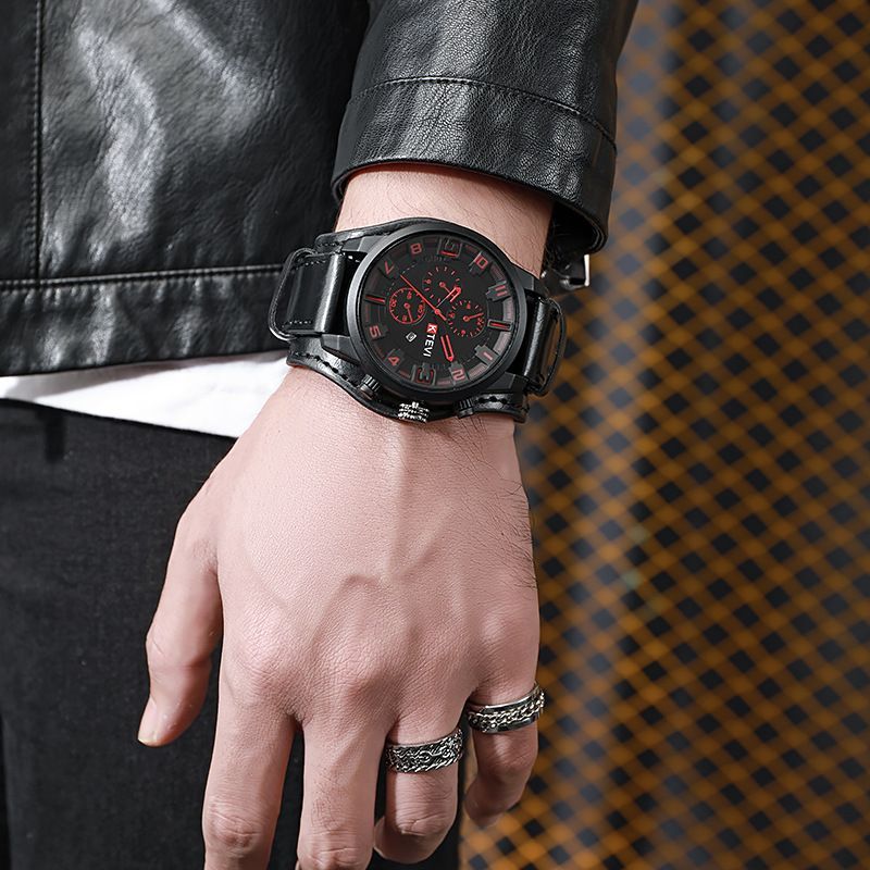 Men's Quartz Watch Punk Style Large Dial With Leather Strap_voghion.com