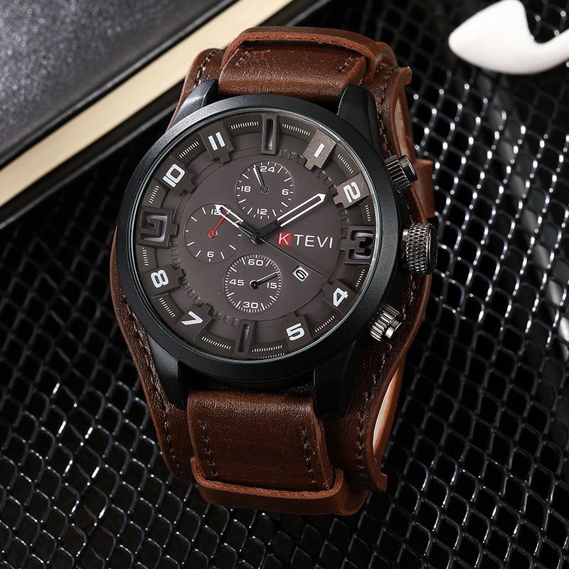 Men's Quartz Watch Punk Style Large Dial With Leather Strap_voghion.com