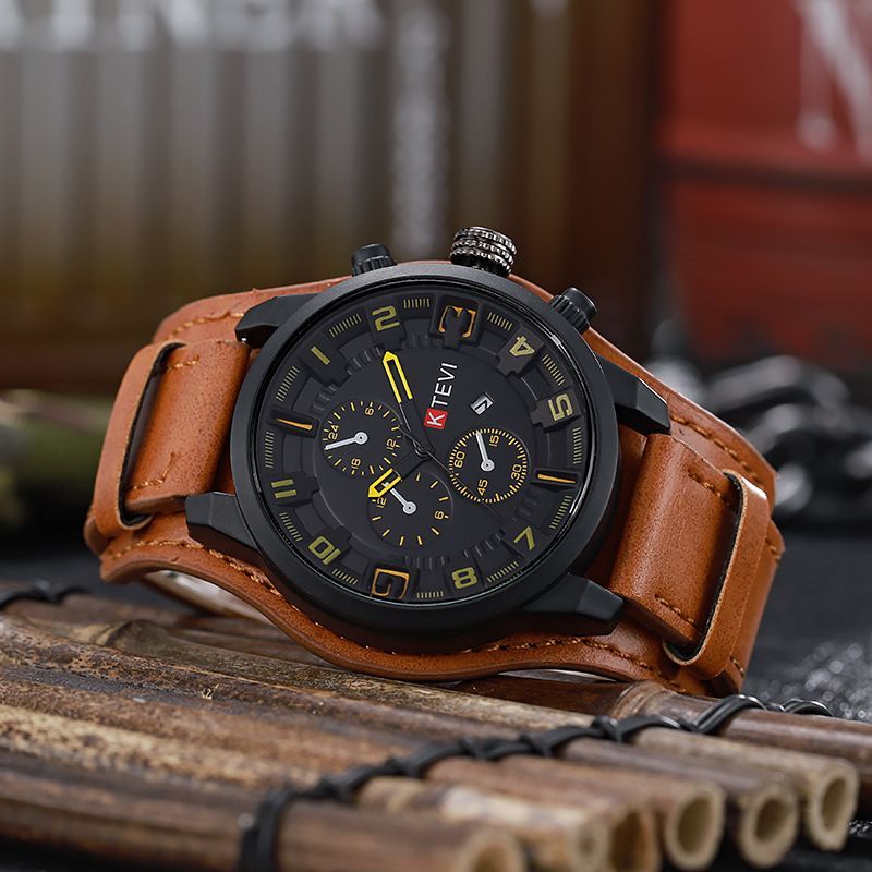 Men's Quartz Watch Punk Style Large Dial With Leather Strap_voghion.com