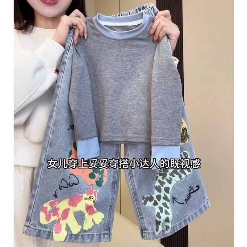 女童牛仔裤春装套装2025新款洋气女宝宽松涂鸦牛仔裤春季阔腿长裤