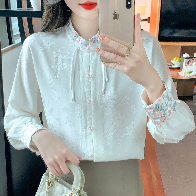 新中式国风刺绣提花立领长袖衬衫女春秋小个子改良汉服马面裙上衣