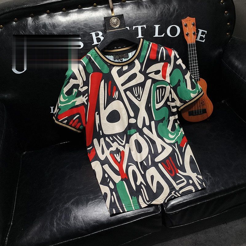 2025 Summer New Trendy Brand Personalized Printing Short-sleeved T-shirt Men's Color Round Neck Versatile Half-sleeve_viptrois.com