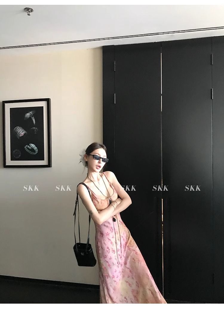 Skk Store Light Dance Rose French Tea Break Double Layer Gradient Pink Vintage Floral Strap Dress For Women_voghion.com