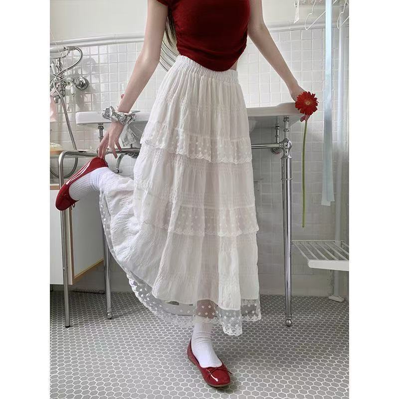 White design lace cake skirt for women with spring and summer high waist French long skirt big skirt hem A-line skirt