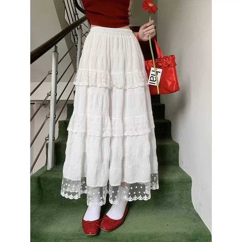 White design lace cake skirt for women with spring and summer high waist French long skirt big skirt hem A-line skirt