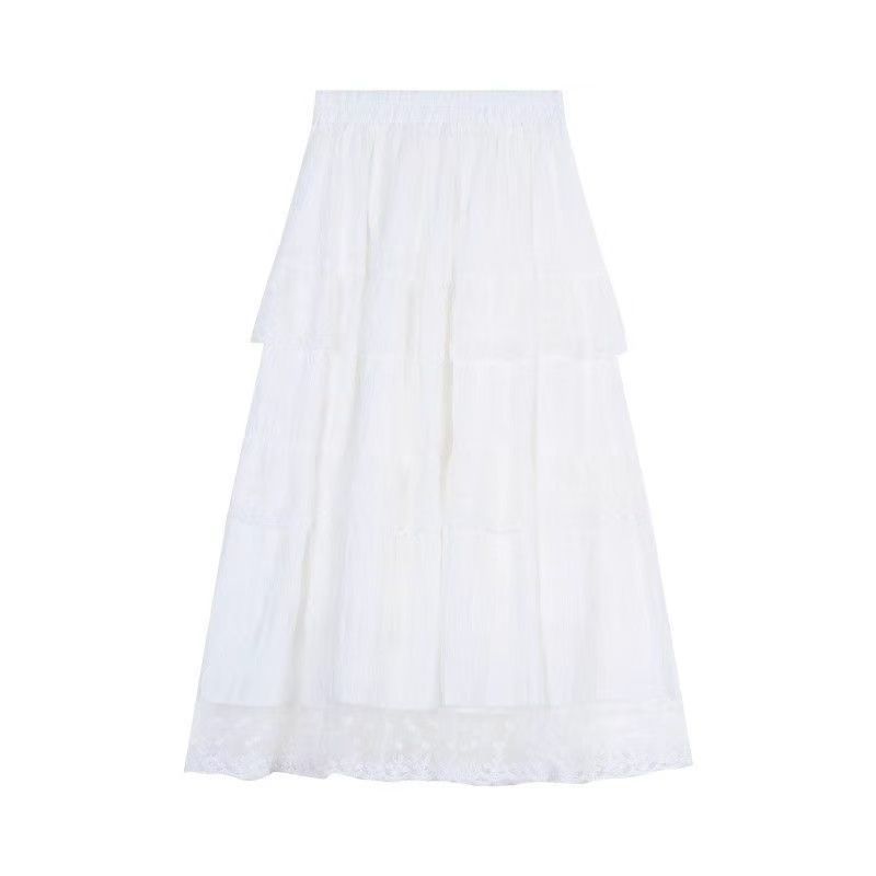 White design lace cake skirt for women with spring and summer high waist French long skirt big skirt hem A-line skirt