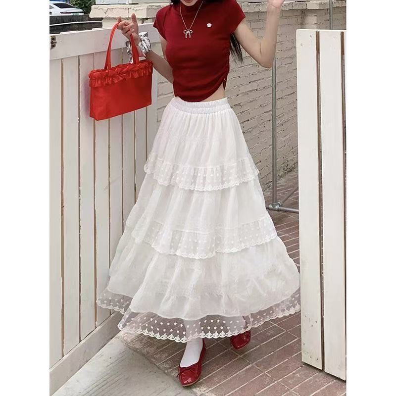White design lace cake skirt for women with spring and summer high waist French long skirt big skirt hem A-line skirt