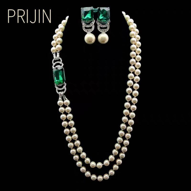 Vintage European And American Emerald Rhinestone Clasp Double-Layer Pearl Necklace Sweater Chain_voghion.com