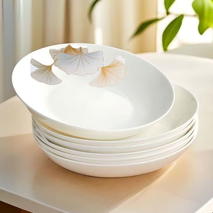 爆款8英寸金杏叶陶瓷圆盘10只家用商用时尚菜盘果盘耐高温可微波