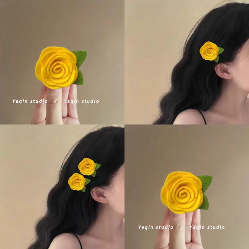 Fermaglio per capelli stile francese giallo con motivo floreale, frangetta da fata, clip laterale, elegante tessuto non tessuto arricciato_voghion.com