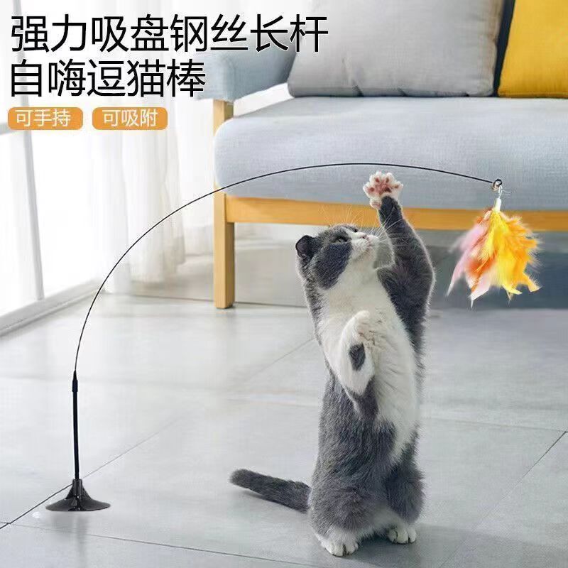 吸盘吸地式逗猫棒杆猫咪玩具自嗨底座钢丝新款耐用羽毛替换头耐咬