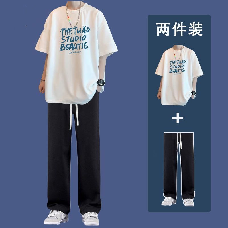 短袖套装休闲夏季T恤帅气青少年搭配潮流学生男装一套长裤两件装