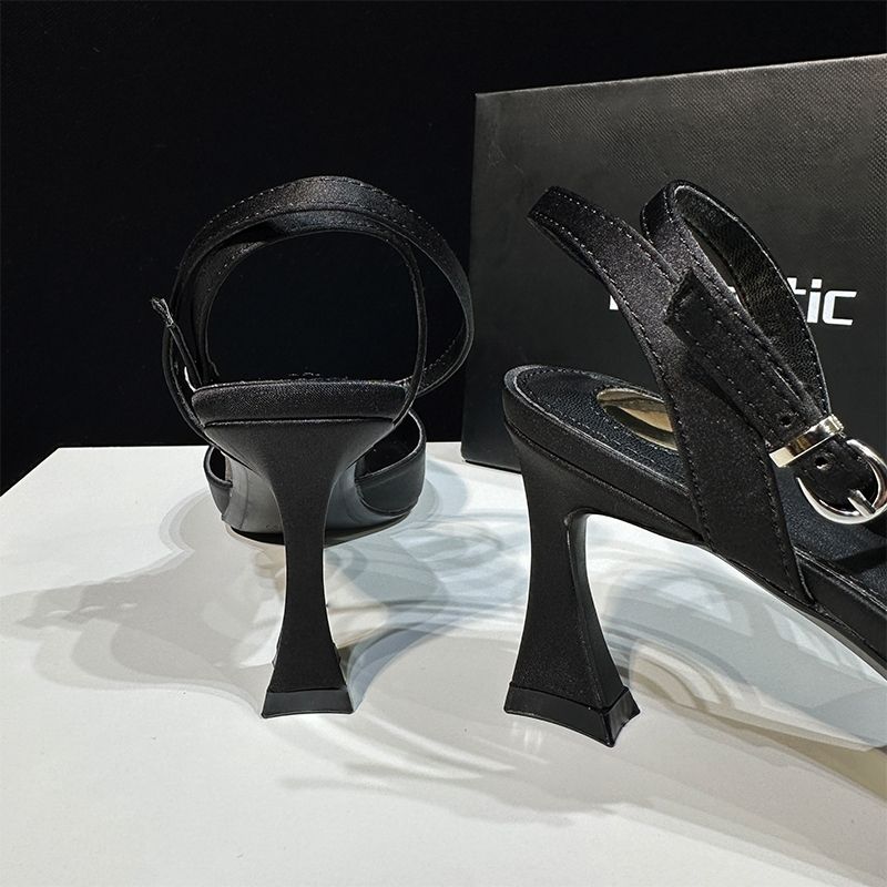 2025 High Heels Square Spring Shallow Mouth Backless New Pointed Toe Sexy Black Satin Women's Shoes Sandals_voghion.com