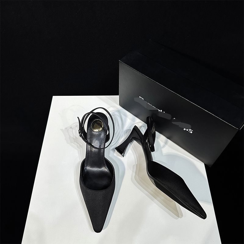 2025 High Heels Square Spring Shallow Mouth Backless New Pointed Toe Sexy Black Satin Women's Shoes Sandals_voghion.com