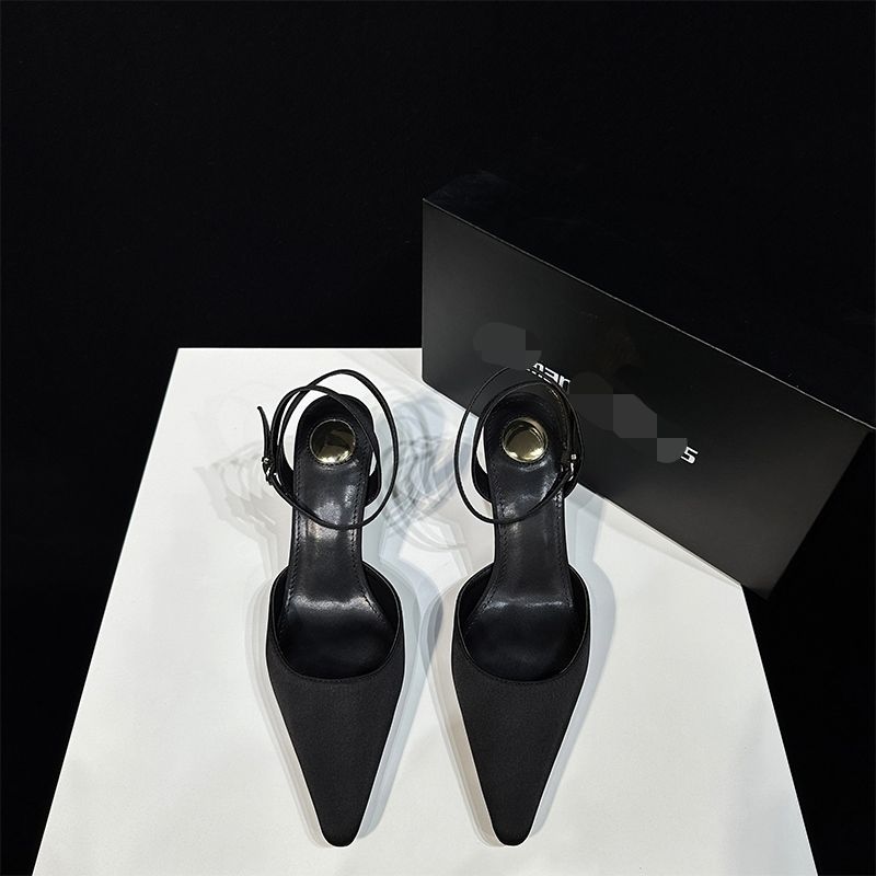 2025 High Heels Square Spring Shallow Mouth Backless New Pointed Toe Sexy Black Satin Women's Shoes Sandals_voghion.com