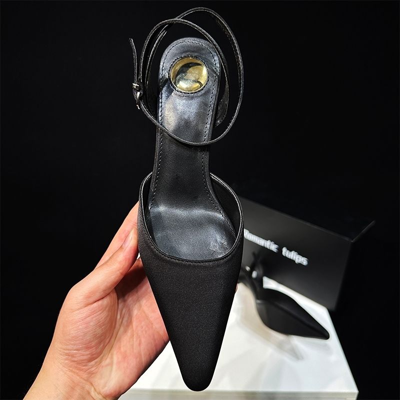 2025 High Heels Square Spring Shallow Mouth Backless New Pointed Toe Sexy Black Satin Women's Shoes Sandals_voghion.com