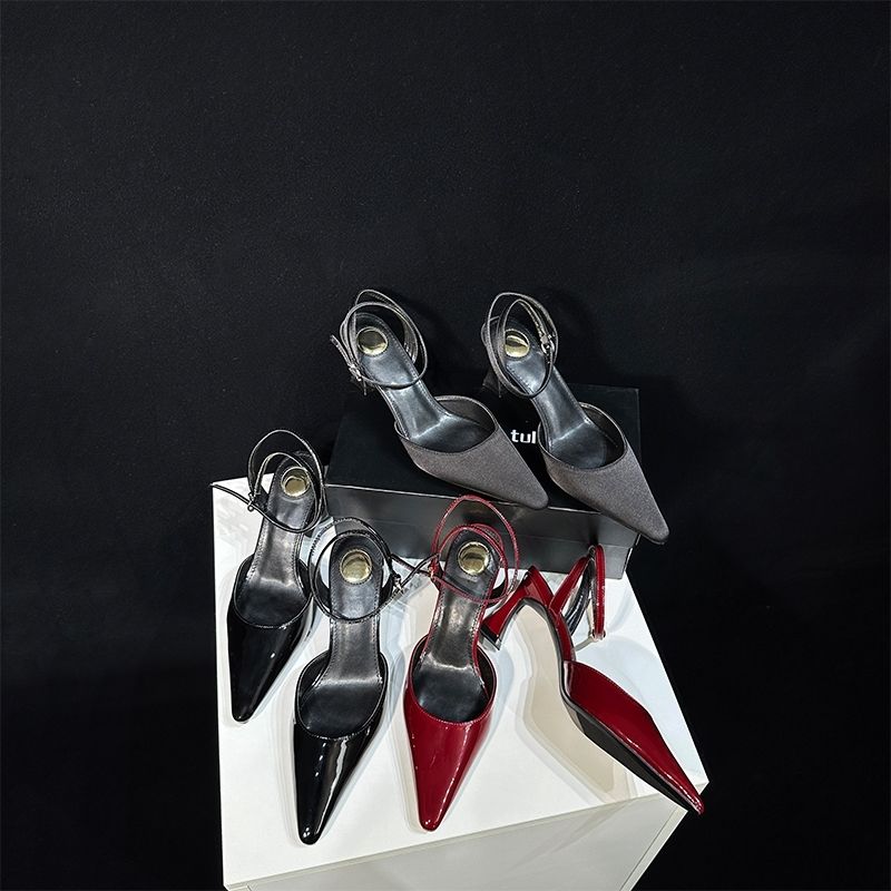 2025 High Heels Square Spring Shallow Mouth Backless New Pointed Toe Sexy Black Satin Women's Shoes Sandals_voghion.com