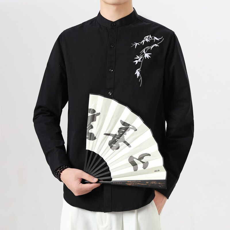 2025新中式长袖刺绣立领衬衫春秋季男士中国风宽松休闲全棉衬衣男