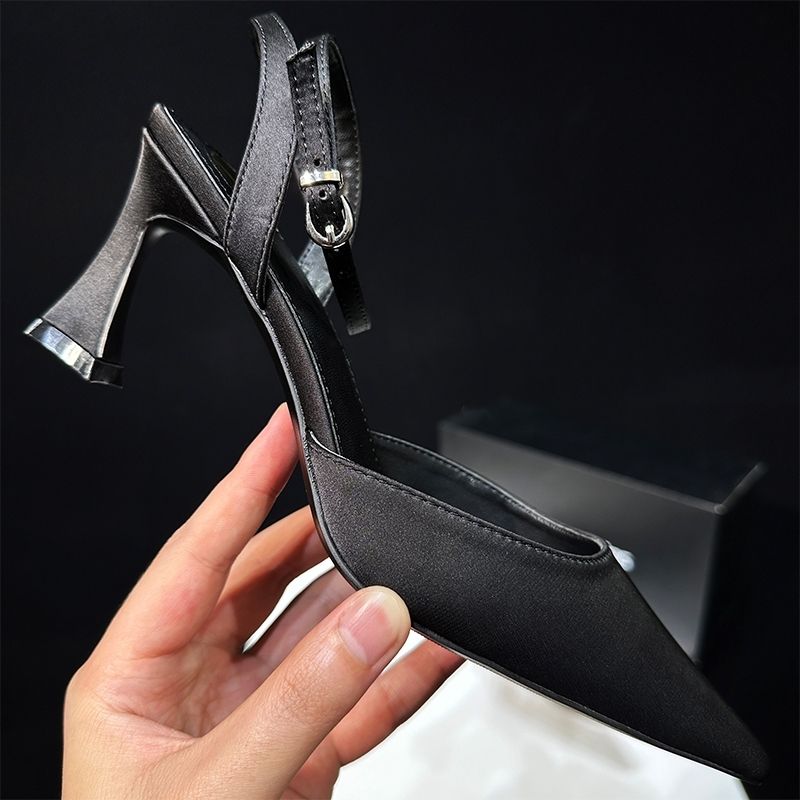 2025 High Heels Square Spring Shallow Mouth Backless New Pointed Toe Sexy Black Satin Women's Shoes Sandals_voghion.com