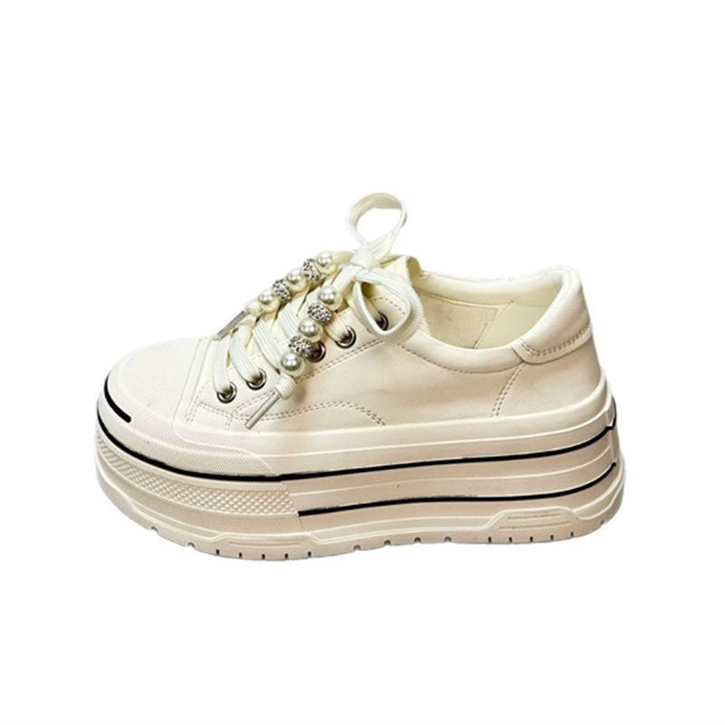 Spring European Style Women's New Pearl Lace-Up Casual Sneakers Fashionable Thick-Soled 6CM Height-Increasing White_vogvips.com