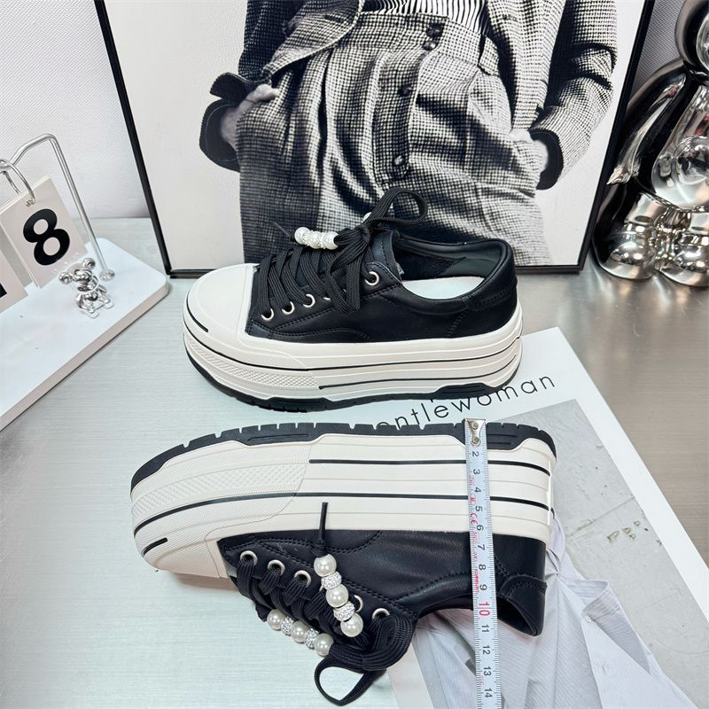 Spring European Style Women's New Pearl Lace-Up Casual Sneakers Fashionable Thick-Soled 6CM Height-Increasing White_vogvips.com