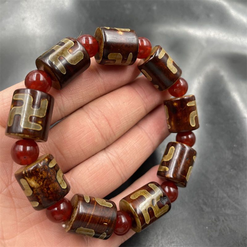 Tibetan Dzi Bead Bracelet Swastika Three Eye Agate Carnelian