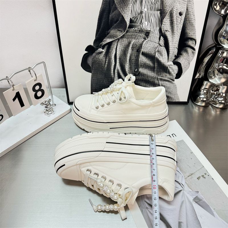 Spring European Style Women's New Pearl Lace-Up Casual Sneakers Fashionable Thick-Soled 6CM Height-Increasing White_vogvips.com