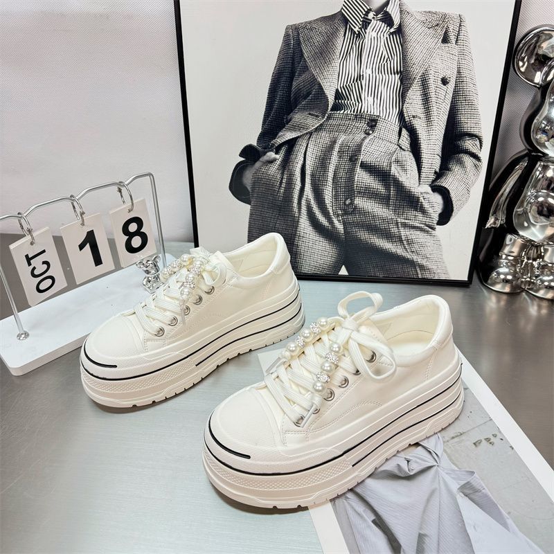Spring European Style Women's New Pearl Lace-Up Casual Sneakers Fashionable Thick-Soled 6CM Height-Increasing White_vogvips.com