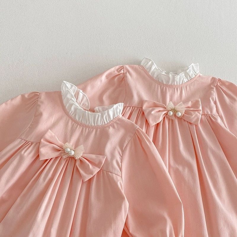 25 New Children's Clothing Girls' Princess Sweet Pink Bow Baby Girl Long Sleeve Dress Early Spring Style_voghion.com