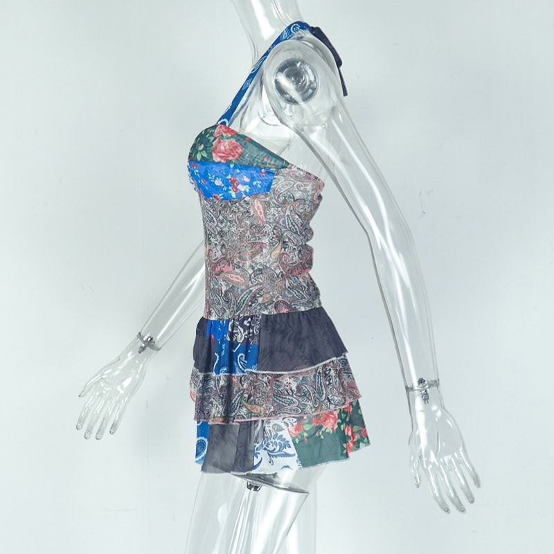 Women's Abstract Print Ruffle A-line Halter Neck Backless Dress_voghion.com