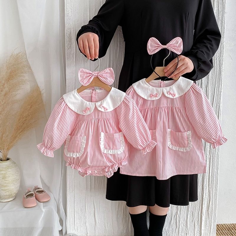 Robe barboteuse à rayures manches longues pour bébé fille_voghion.com