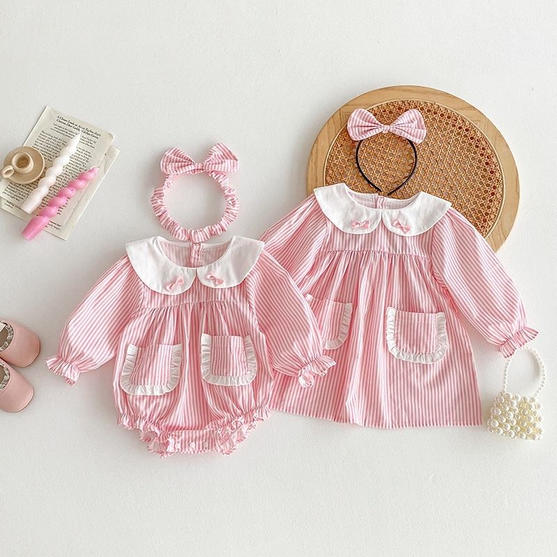 Robe barboteuse à rayures manches longues pour bébé fille_voghion.com