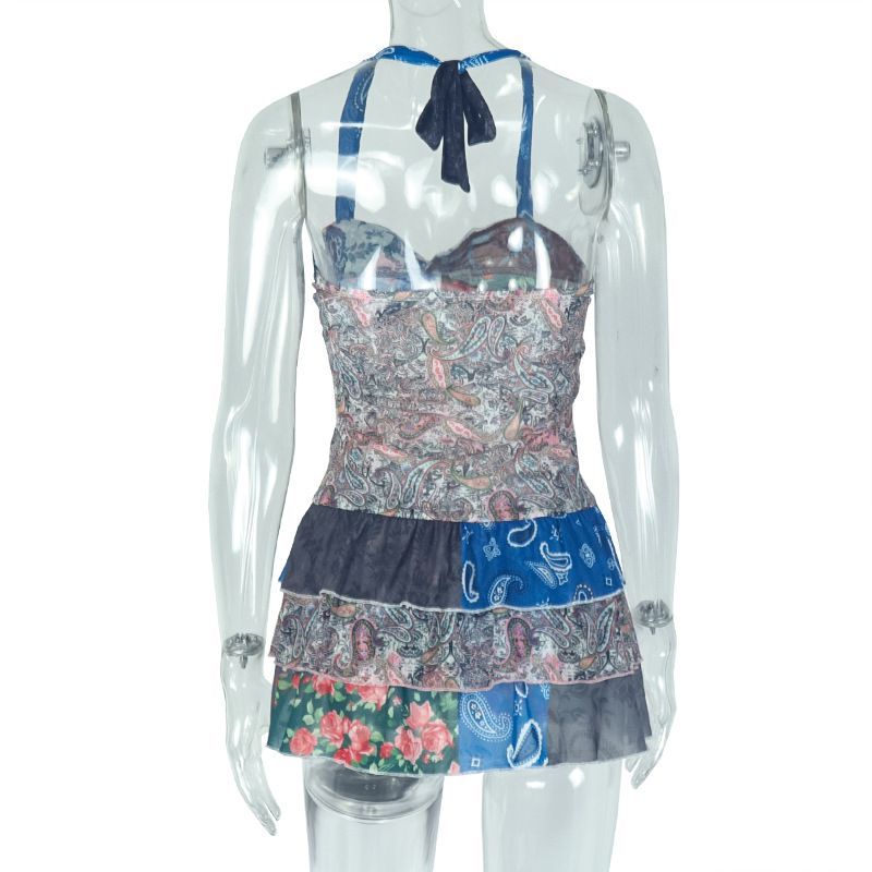 Women's Abstract Print Ruffle A-line Halter Neck Backless Dress_voghion.com