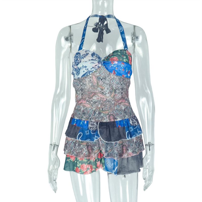 European And American Cross-border Fresh Abstract Print Ruffle A-line Halter Neck Backless Short Dress, Casual Vacation_voghion.com