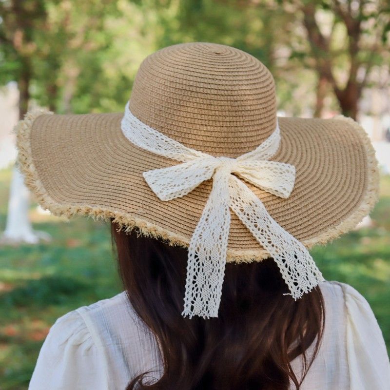 沙滩帽女夏遮脸防紫外线小碎花蝴蝶结太阳帽海边度假拍照百搭草帽