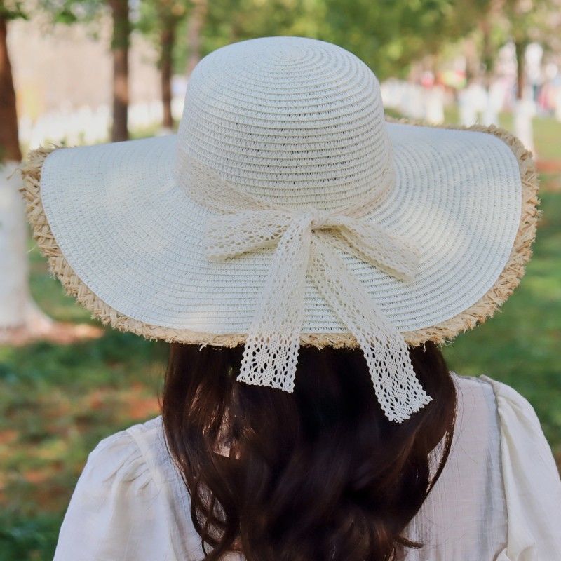 沙滩帽女夏遮脸防紫外线小碎花蝴蝶结太阳帽海边度假拍照百搭草帽