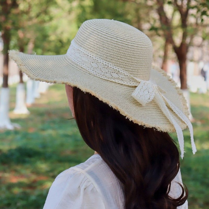沙滩帽女夏遮脸防紫外线小碎花蝴蝶结太阳帽海边度假拍照百搭草帽